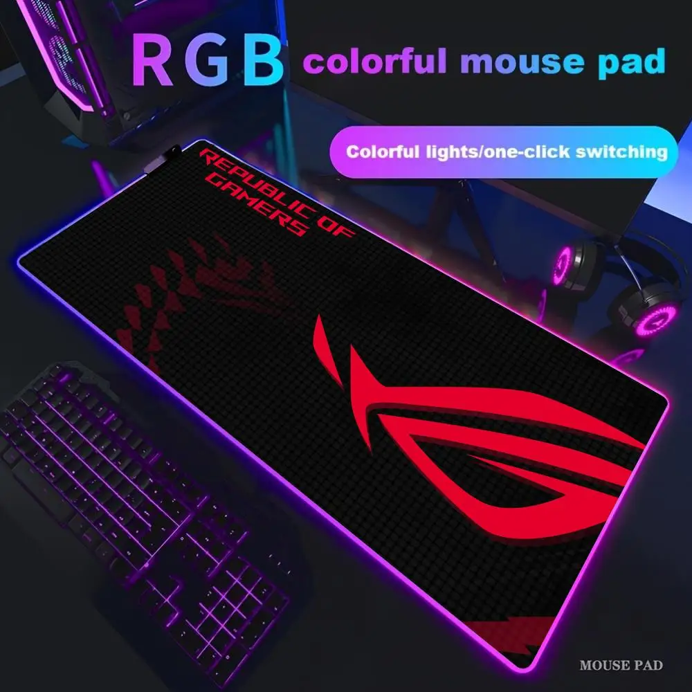 Коврик для мыши ROG Gamer Большой игровой коврик для мыши RGB со светодиодной подсветкой и фиксированными краями Игровые аксессуары HD Настольные коврики Коврик для клавиатуры ПК XXL 90x40 см