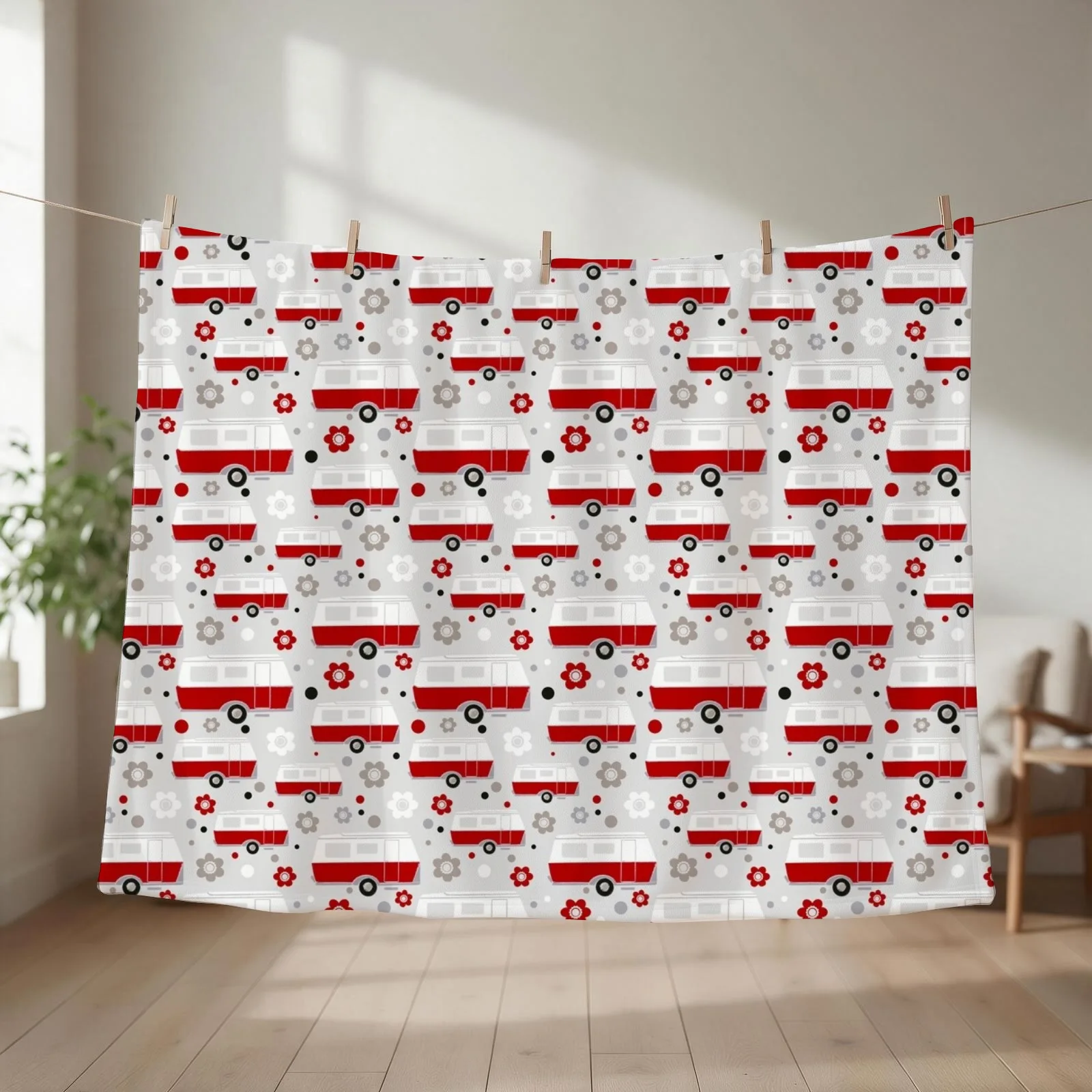 New Vintage Caravan in Red, White and Grey Throw Blanket couch cozy soft plush fuzzy picnic outdoor blanket