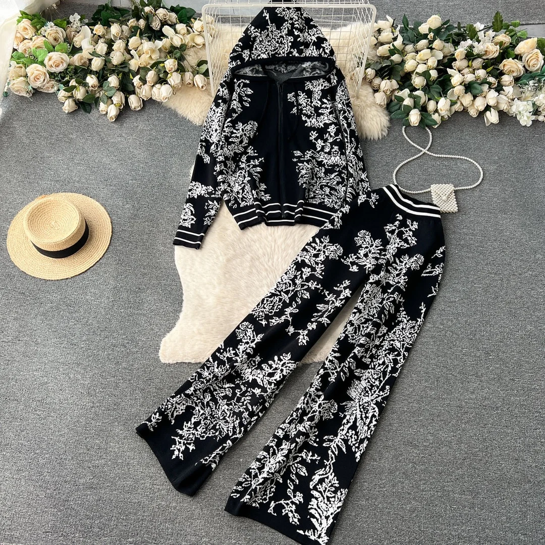 Two Piece Set Muslim Women Knitted Coat Hooded Jacket Zipper Wide Leg Pants Suit Print Ensemble Sports Outfits Knit Tracksuit