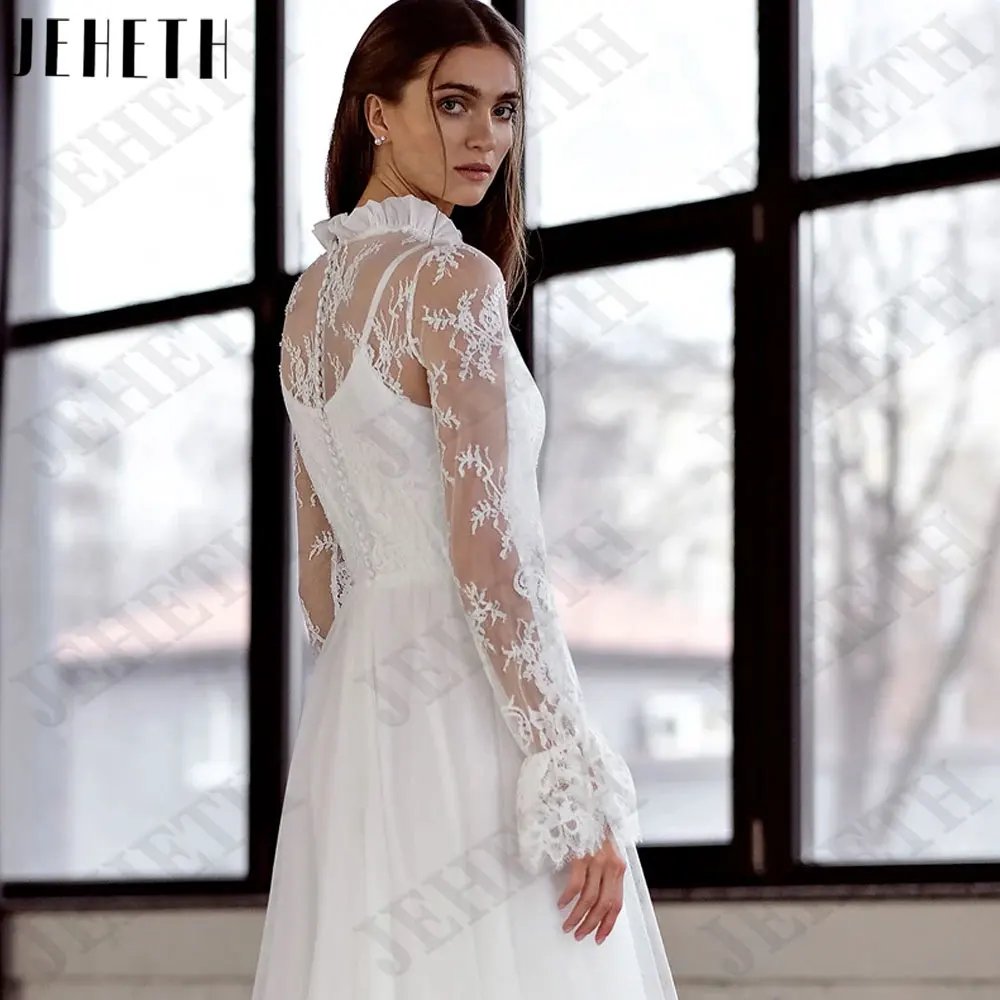 JEHETH-vestidos de novia de línea a con cuello alto, traje de encaje de manga larga, Espalda descubierta, botones traseros, tul, 2024JEHETH-vestidos de novia de línea a con cuello alto, traje de encaje de manga larga,