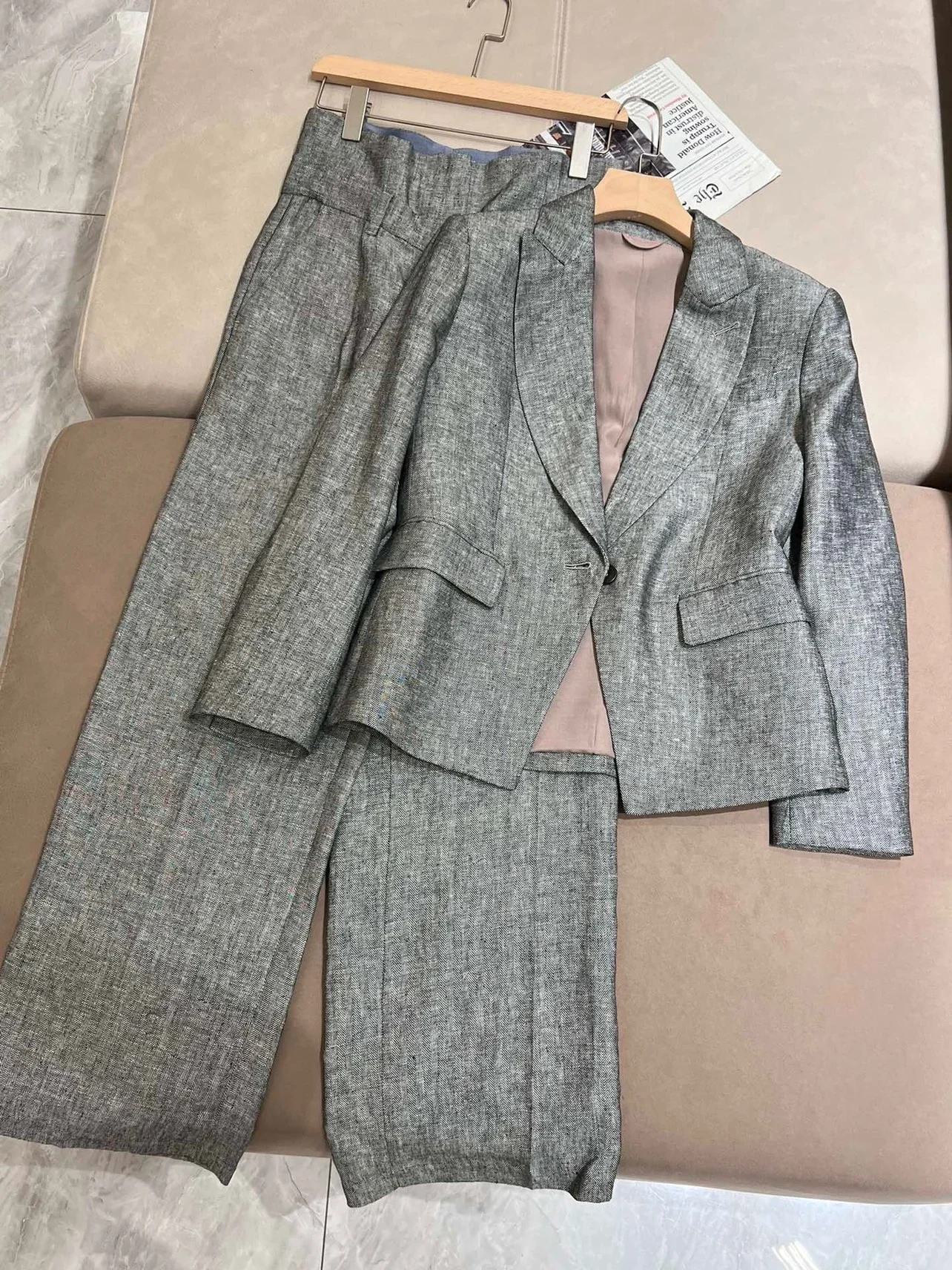 Women's Set 2024 New Autumn Winter Linen Tailored Collar Commuter Suit Coat or High Waist Straight Pants