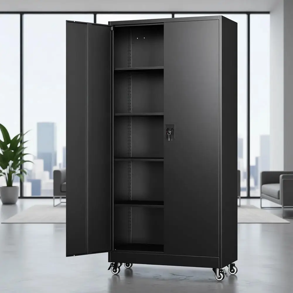 

75 Tall Metal Storage Cabinet with Locking Door and Adjustable Shelves for Home, Office, and Warehouse Organization in Black
