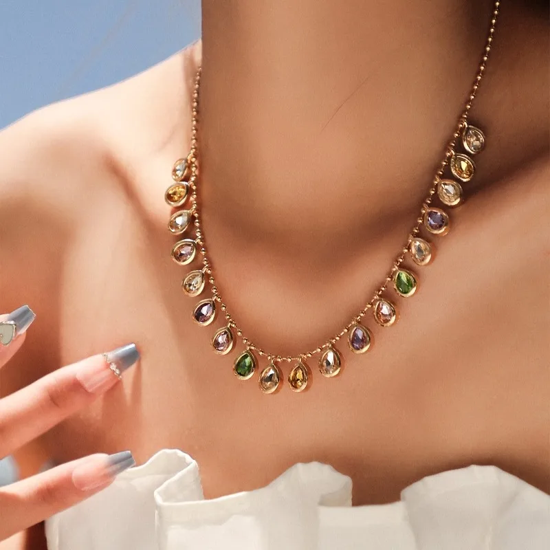 1pc Bohemian Multicolor Teardrop Crystal Necklace Gold Plated Water Drop CZ Pendant Chain Delicate Statement Jewelry for Women