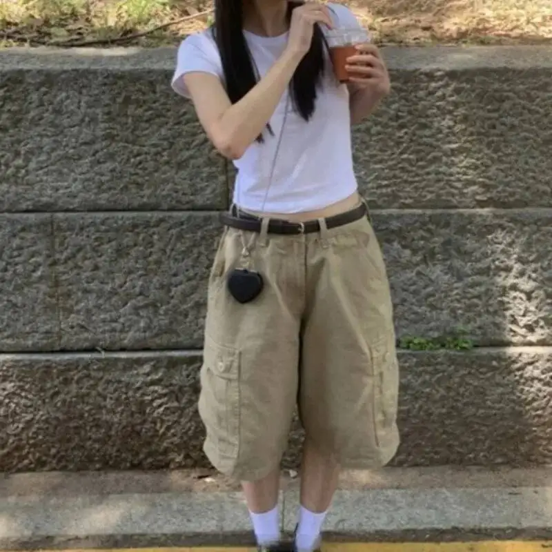 BabYoung American Retro Street Wide Leg Y2k Straight Loose Five-Point Pants Summer High Waist Jeans Shorts For Women