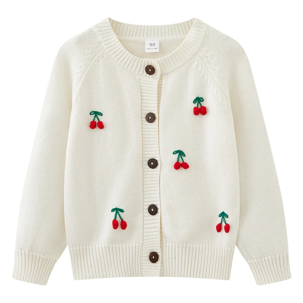 2024 Spring/Autumn Hand Hook Cherry Kids Sweater Coat Girls Knit Cardigan