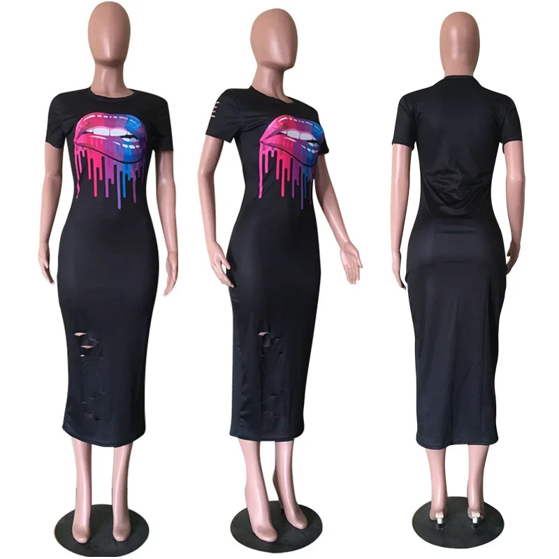 Casual verão vestido feminino 2022 manga curta impressão em torno do pescoço buraco bainha magro bodycon vestido longo streetwear preto t camisa vestido