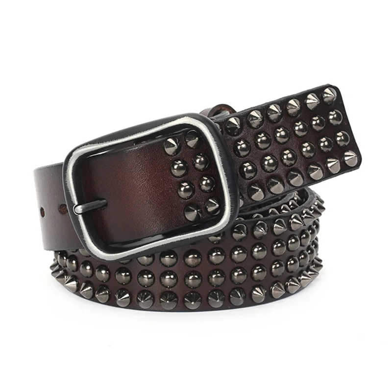 

men's fashion punk goth genuine leather studded belt pin buckle rivets belts women stylish waistband brand designer stage leash