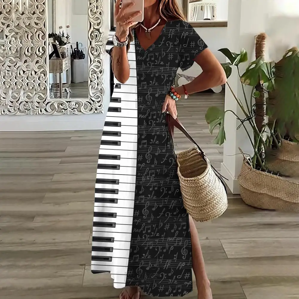 2024 Black And White Music Note Print Women\'s Dresses Plus Size Elegant Dresses Female Long Dresses Summer  Women\'s Clothing