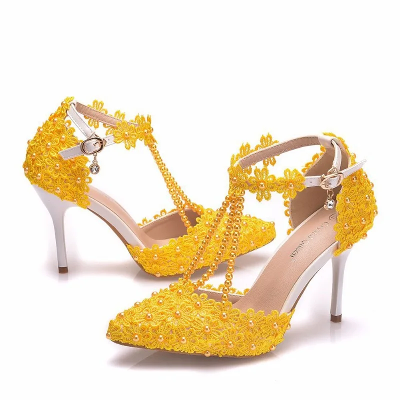 

New Sweet Women Wedding Bridesmaid Shoe Yellow Lace String Bead 9CM Sstiletto Woman Buckle Strap Party Pumps Pointed Toe Sandals