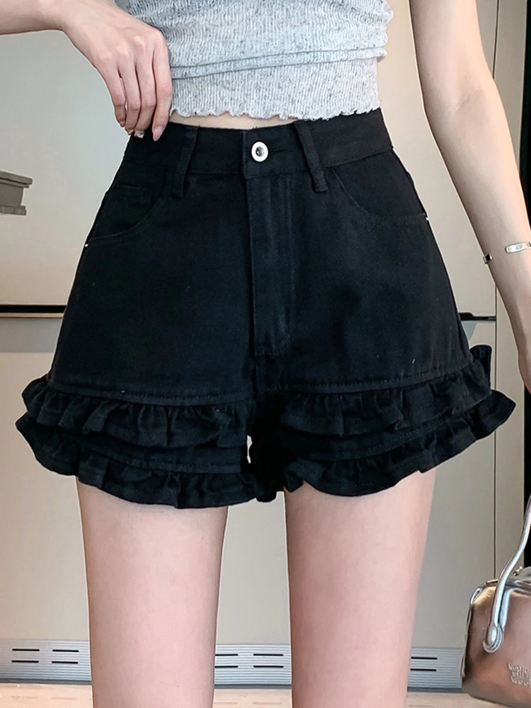 Retro High Waisted Double Layered Ruffled Edge Patchwork Denim Hot Pants 2024 New Korean Fashion Women'S Clothing