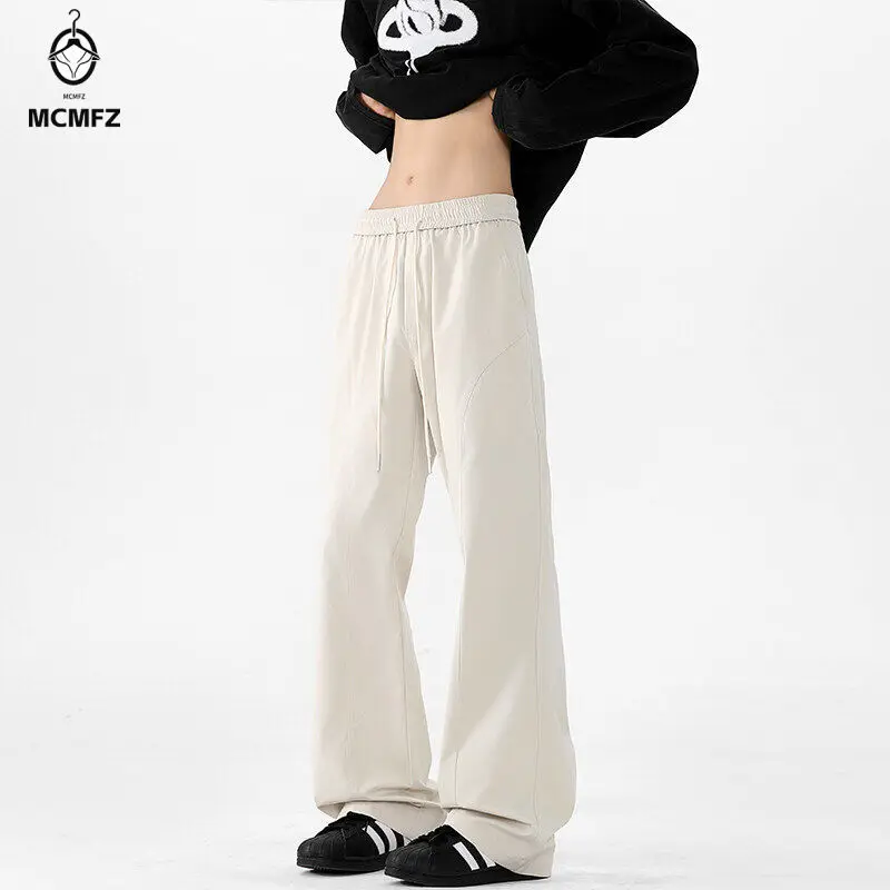 Mens Simple Design Wide Leg Trousers Drawstring Closure Elastic Waistband For Weekend Outing Travel And Casual Matching