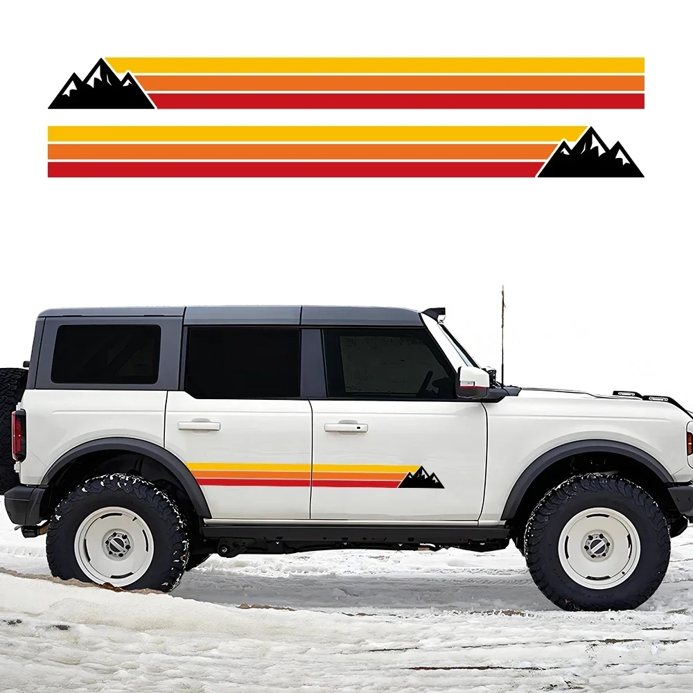 2Pcs Mountain Retro Color Strip Car Vinyl Stickers, Off Road Graphic Decals, Waterproof Body Decor, Universal SUV Auto Exterior