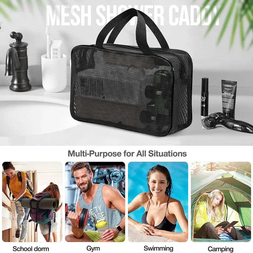 Mesh Shower Caddy Tote, Large Capacity Toiletry Organizer for Travel, Quick Dry Hanging Bag with Zipper for Gym Cosmetics