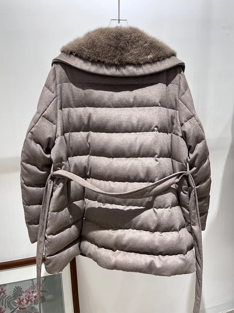 2025 Women Winter Warm Goose Down Jacket Real Mink Fur Collar Cashmere Wool Jackets Thick Cusual Female Puffer Jackets