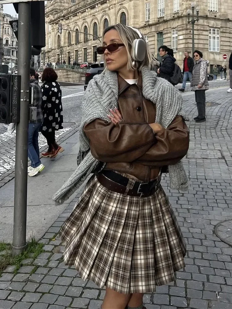 Abrigo Vintage de piel sintética para mujer, chaqueta de manga larga con cuello vuelto y botones, color marrón, estilo americano, Otoño e Invierno