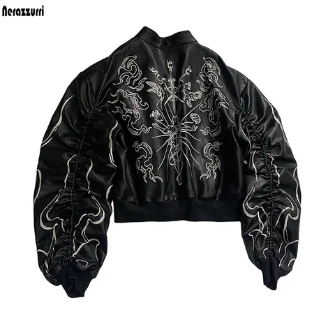 Nerazzurri Autumn Short Embroidery Black Pu Leather Bomber Jacket Men Luxury Designer Punk Style Emo Clothes Streetwear Menswear