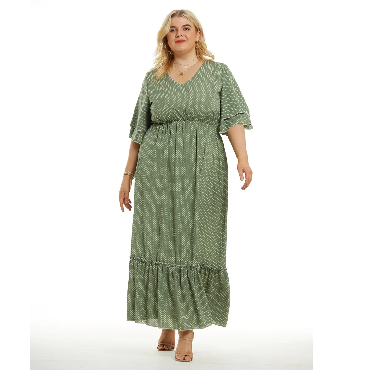 Plus Size New Arrival Fashional V dekolt pół rękawa zielony kolor w stylu Casual, letnia długie sukienki w stylu boho dla dużych kobiet