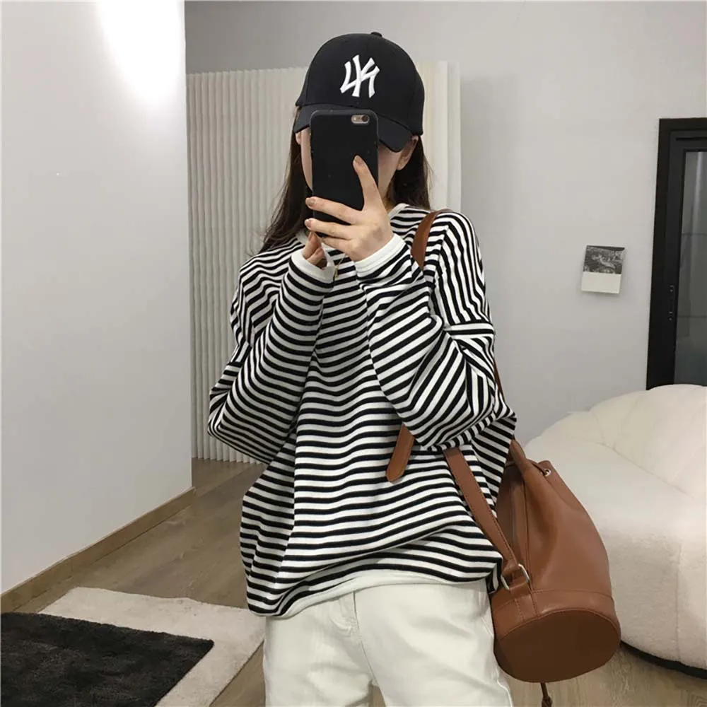 

2024 Black Fall Knit Stripe Long Sleeve Sweatshirt Women Autumn Knitwear Crew Neck Oversized Casual Crewneck Hoodie