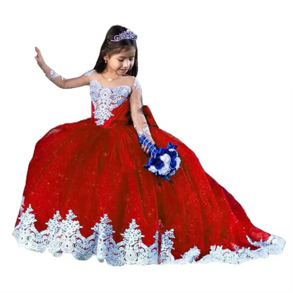 Vestido de menina de flor personalizado para casamento apliques rendas inchado mangas completas princesa pageant crianças aniversário primeira comunhão vestido