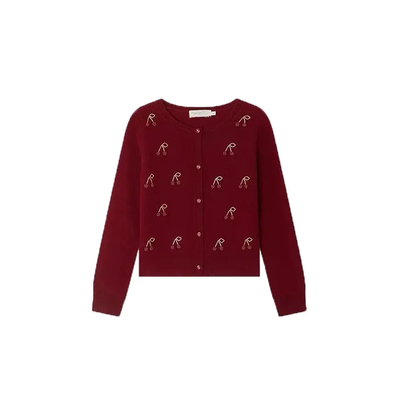 

Вязаный кардиган с вишневыми бусинами для девочек, красный свитер с длинными рукавами, шерстяное пальто на осень-зиму, праздничные мероприятия, детская одежда