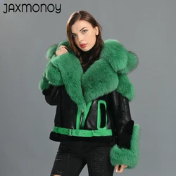 Jaxmonoy Women Shearling Coat Big Real Fox Fur Collar Ladies Sheep Fur Toscany Jacket 2022 New Thick Warm Genuine Leather Jacket