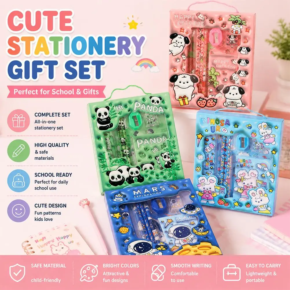 6 In 1 Stationery Set Kawaii Primary School Children Learning Gift Box Study Stationery Set - Pencils Pencil Sharpener Eraser