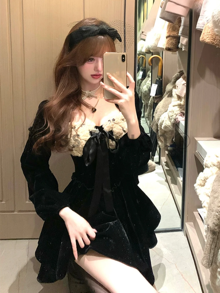 French Hepburn Elegant One Piece Dress Women Black Vintage Chic Party Dress Female Korean Fashion Sexy Lolita Dress 2023 Winter