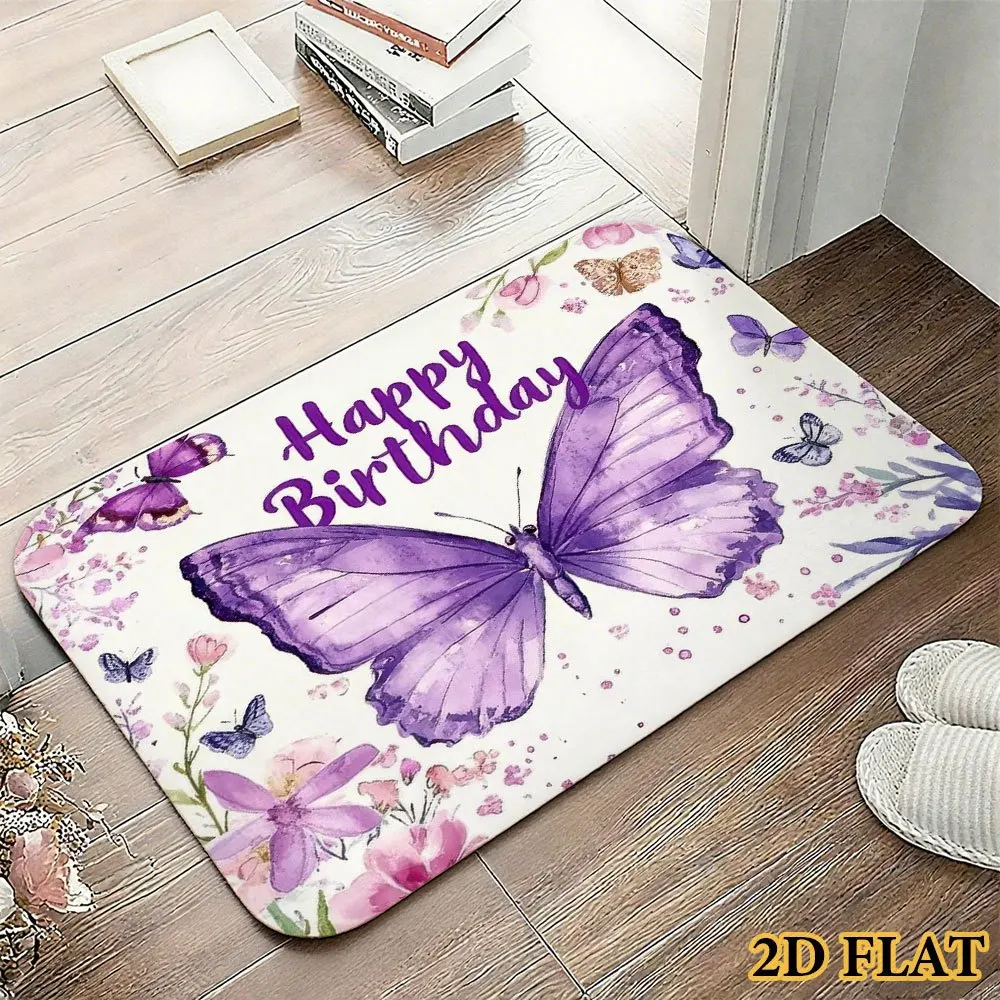 Whimsical Butterfly Floral Happy Birthday Mat Rug Accent Floor Runner Cute Indoor Decorative Celebration Home Decor Gift