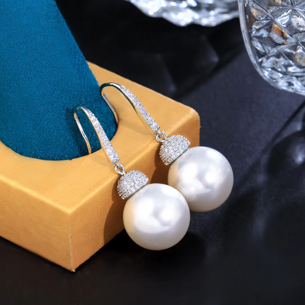 CWWZircons Shiny White Cubic Zirconia Paved Big Dangle Drop Pearl Hook Earrings Female Fashion Party Jewelry Accessories CZ594