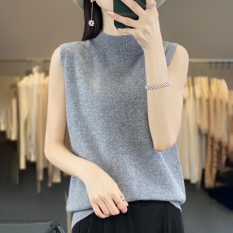 Suéter sin mangas de lana merina pura de 100% para primavera, otoño y verano para mujer, Sudadera con capucha de punto con cuello medio alto, Top de gama alta de Color sólido