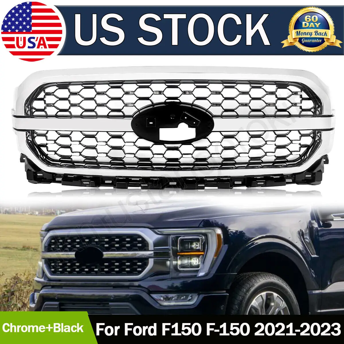 SAIQINGSP For Ford F150 F-150 2021-2023 Honeycomb King Ranch Front Grille Black & Chrome Car Accessories Tools