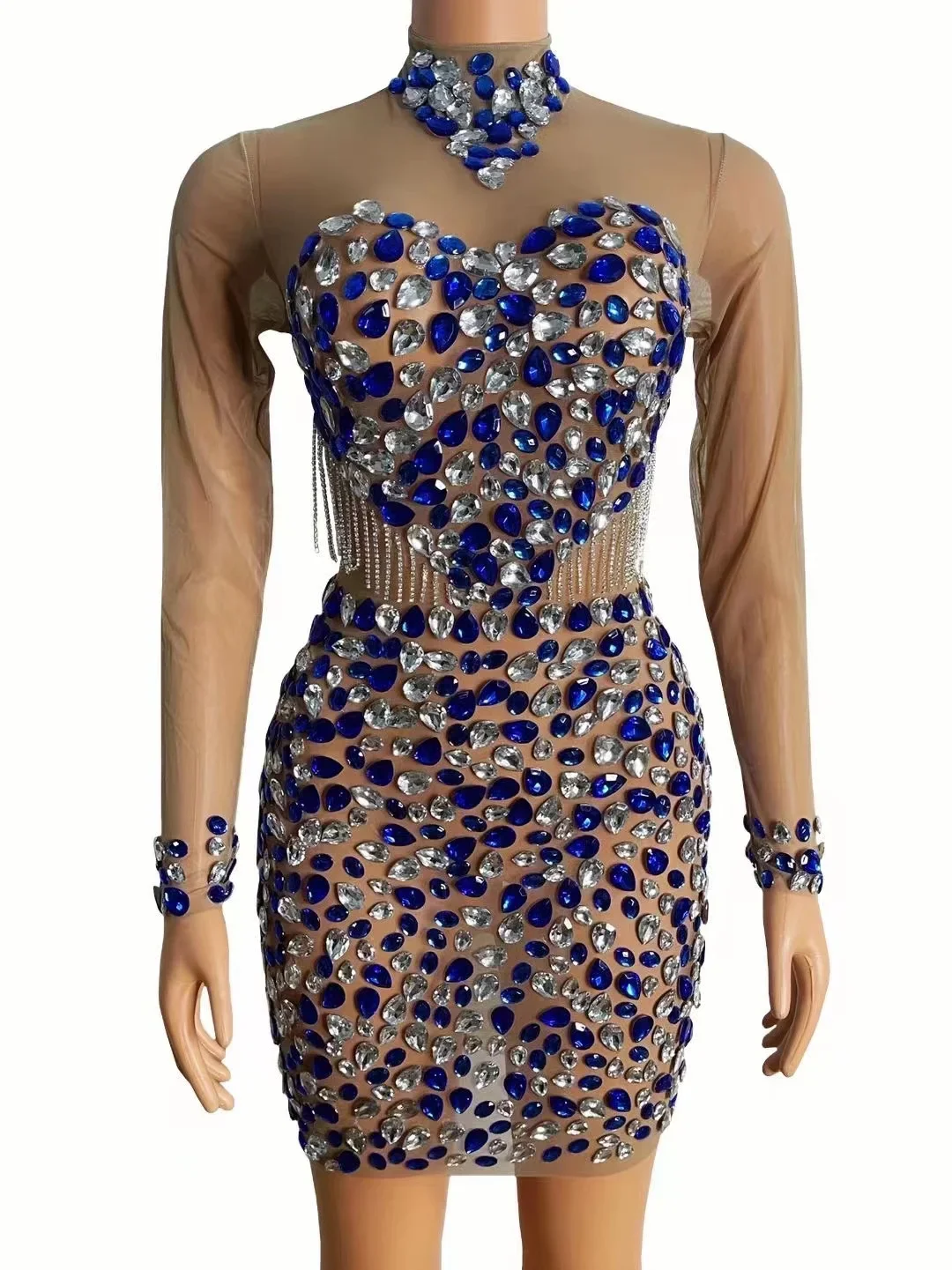 

See Through Long Sleeve Rhinestone Dress Women Blue Crystal Birthday Wedding On-Stage Wear Shinning Outfit Ballroom Dancing