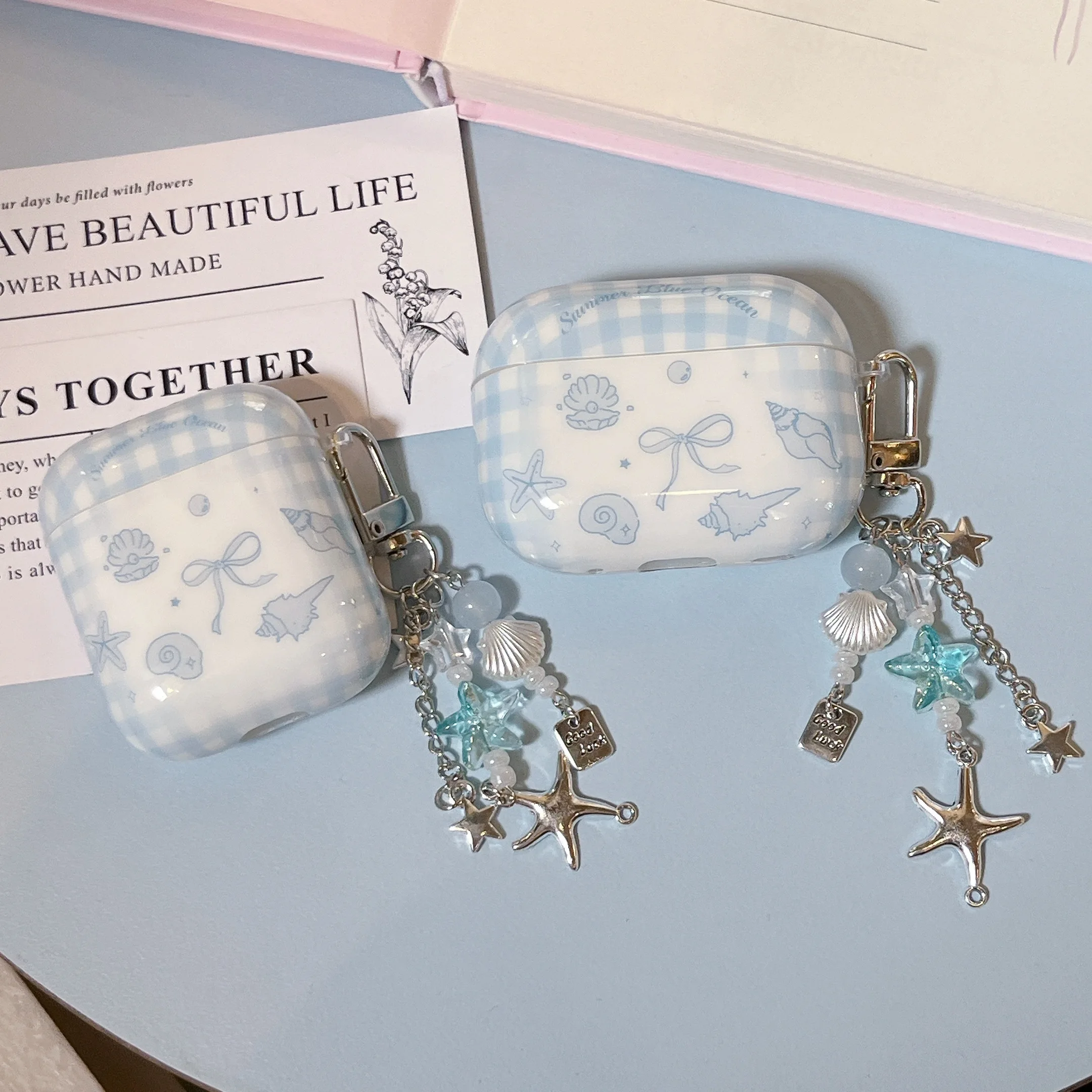 Simple Fashion Bow Shell Sea Star Check Pattern Blue Earphone Case Cover Case For AirPods 1 2 3 4 5 Pro Pro2 Pro3 with Pendant