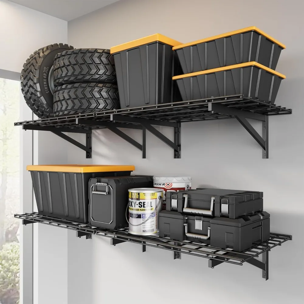

Heavy Duty Garage Wall Shelving Set 4 Pack 2x3ft Wall Mounted Storage Rack 1400lbs Capacity Black