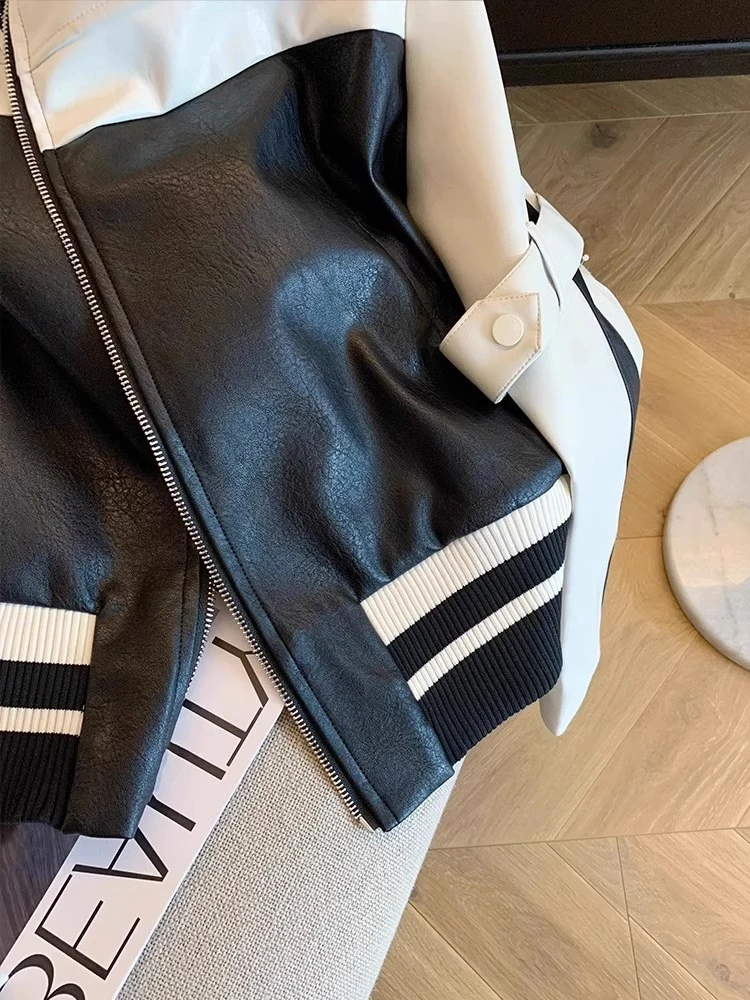 High-End Patchwork Color Blo Biker Jaet PU Colletto alla coreana da uomo Primavera Autunno Street Sle Capispalla versatile