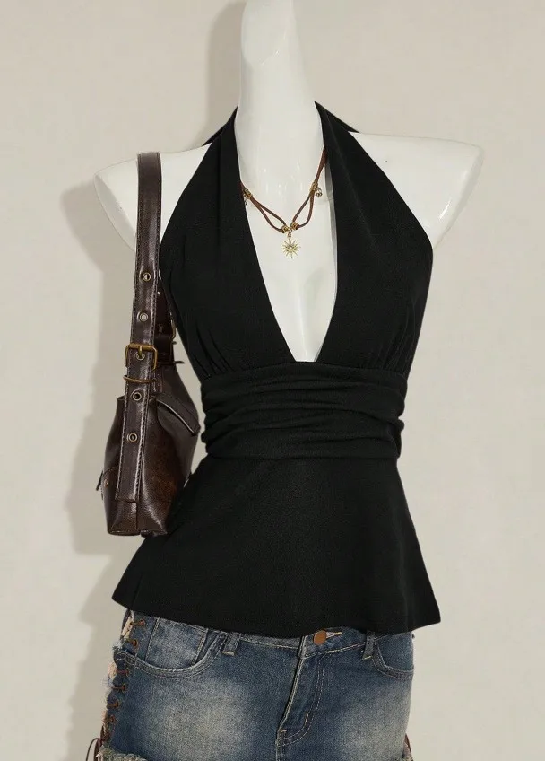 Women Summer Tank Top Halter Neck Solid Black Camisole Peplum Hem Ruched Waist Sleeveless Top Backless Design Leopard Print Vest