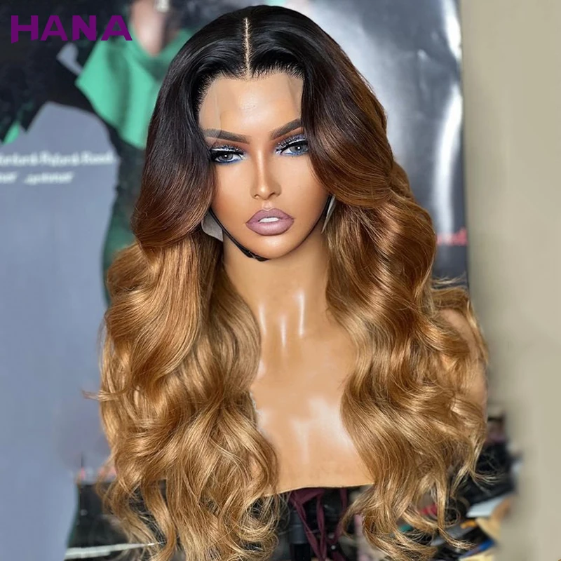 3 Tone Gradient Colored Black Brown Blonde Body Wave 7x5 Lace Closure Wig Human Hair Wigs For Women HD 13x6 Lace Frontal Wig