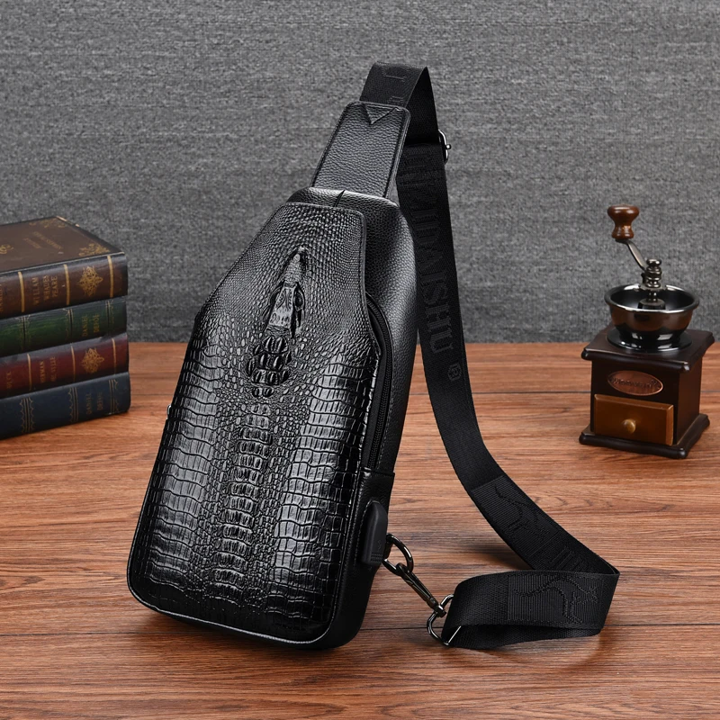 Male Crocodile Pattern Sling Bags Men Business Chest Bag Messenger Bag Pu Leather USB Charging Chest Pack Casual Crossbody Bags