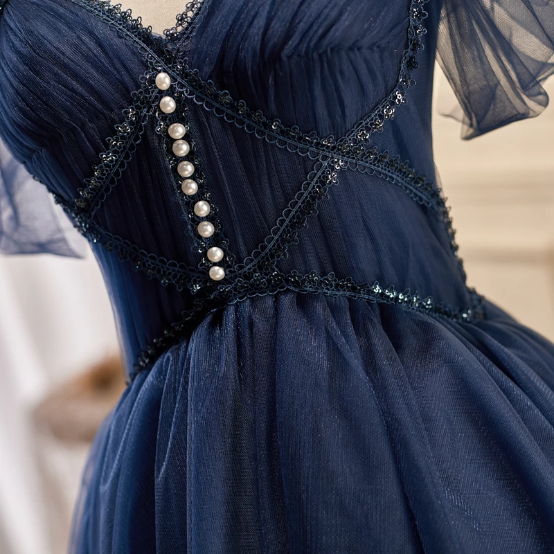 AnXin SH princesa nave flor azul encaje correa de espagueti rebordear cristal corto vestido de noche personalizado pequeño vestido negro