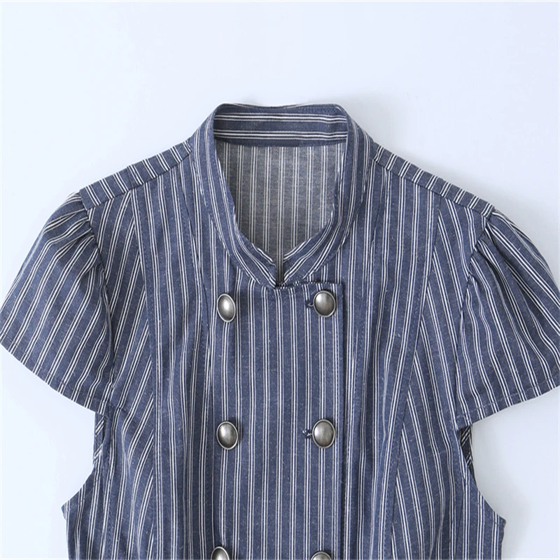 Vintage Striped Peplum Top for Women Stand Collar Double Breasted Cap Sleeve Slim Waist Casual Street Summer Daily Blouse image 3