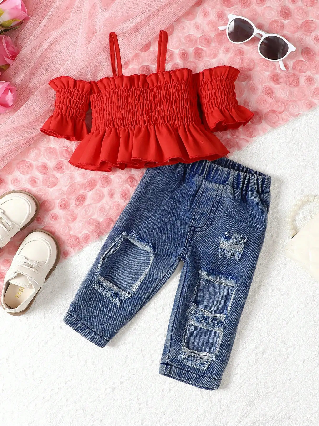 BFashion Baby Girl 2-Piece Set, Smocked Off-Shoulder Top & Ripped Denim Long Pants Outfit