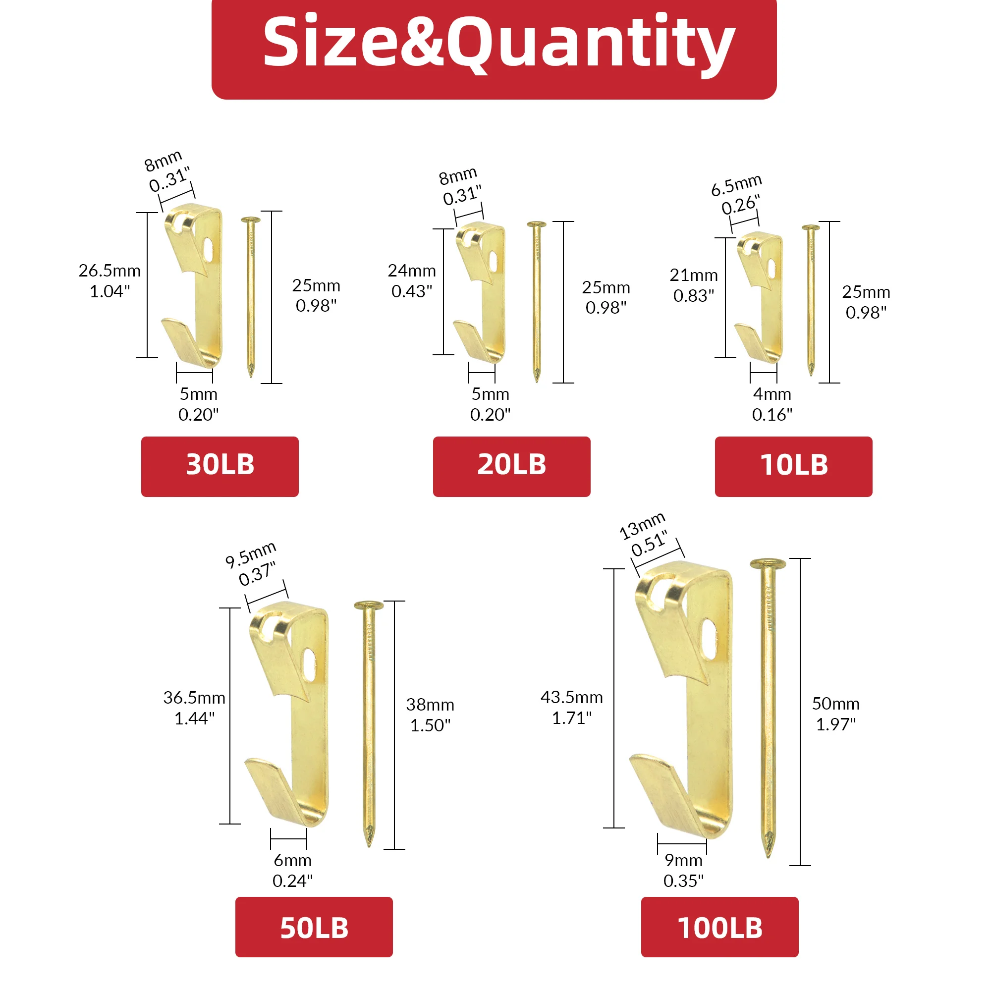 Heavy Duty 10-100lbs Bilder-Aufhängehaken mit Nägeln, Wandhaken, Han-Bilder-Aufhängungswerkzeug, Wand-Bilderhalter, Metall-Bilderhaken