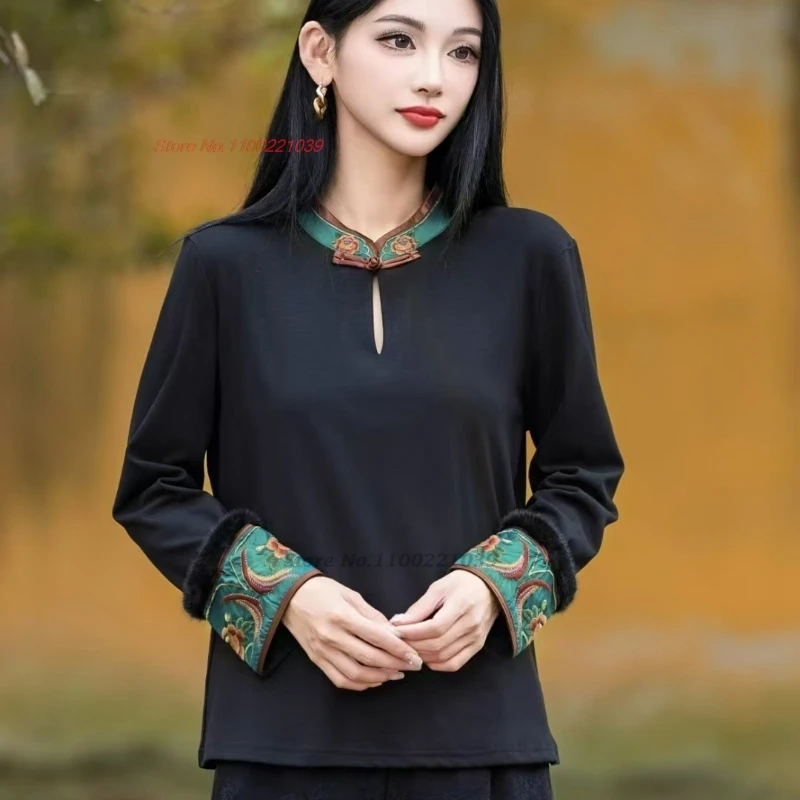 2025 traditional chinese hanfu tops national flower embroidery stand collar shirt retro base shirt vintage fleece lined shirt