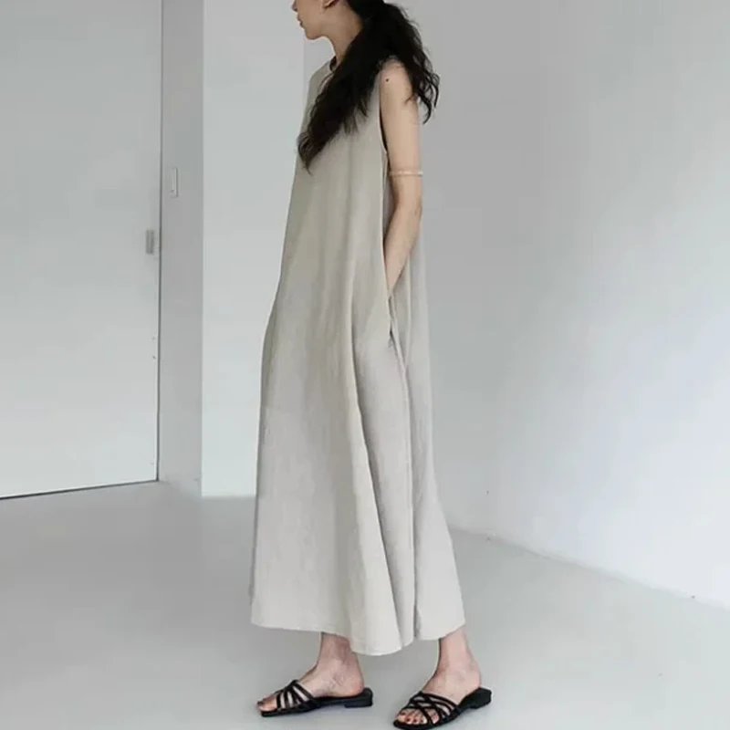 KE1097-Vestidos de estilo coreano para mujer, ropa holgada sin mangas de talla grande, con bolsillos, para verano, 2024