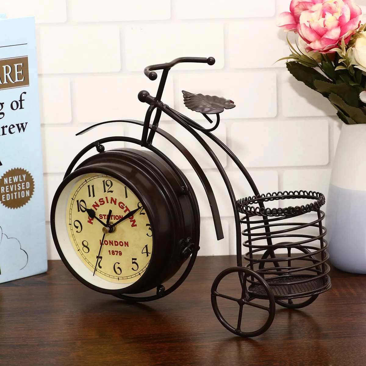 1Pcs Bike Clock Iron Craft Ornament Creative Desktop Decor for Home Office Store Decoration Vintage Style