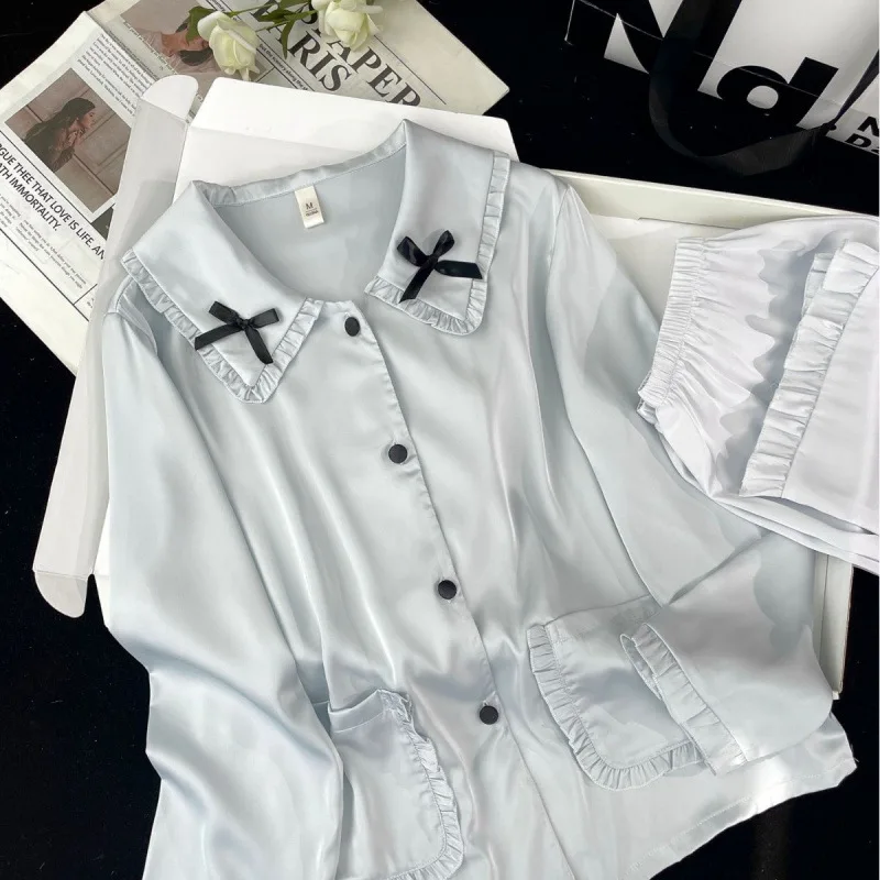 

Комплект шелковой пижамы с длинными рукавами для девочек: домашняя одежда во французском стиле, удобная ночная одежда для женщин