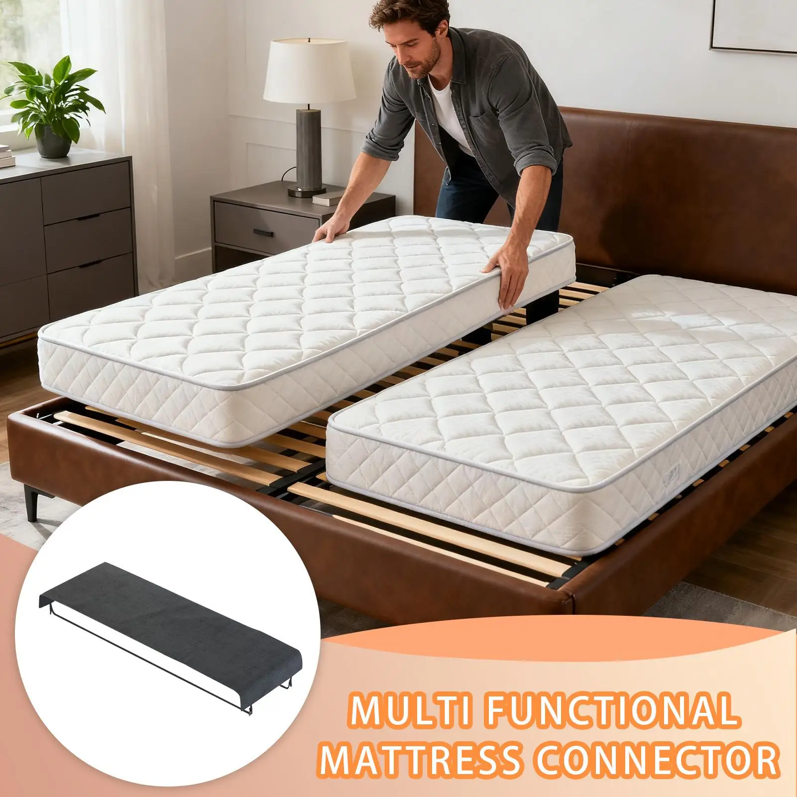 Bed Bridge Split Filler with Sheet Straps Large Double Mattress Bridge Converter for Families Couples Guest Bedroom Sleeping