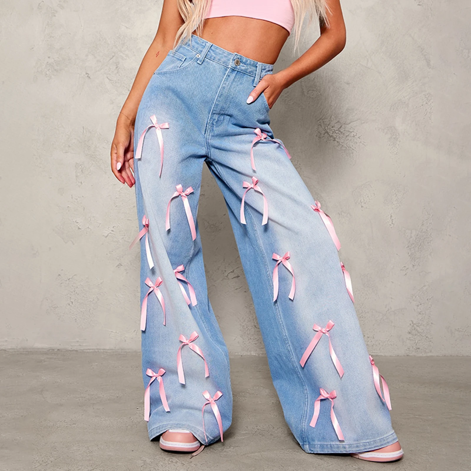 Fashion Bow Wide Leg Denim Pants Washed Jeans with Pockets Women’s High Rise Jeans