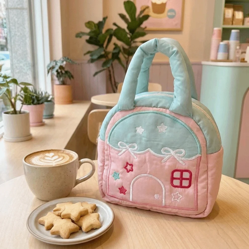 Embroidery Decor Camera Carrying Bag Portable Hand-held Small House Shaped Handbag Polyester Cartoon Makeup Organizer Bag