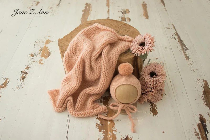 Hand knitted woven blanke 50x50cm +wool ball hat solid multi-colors newborn photography supplies props